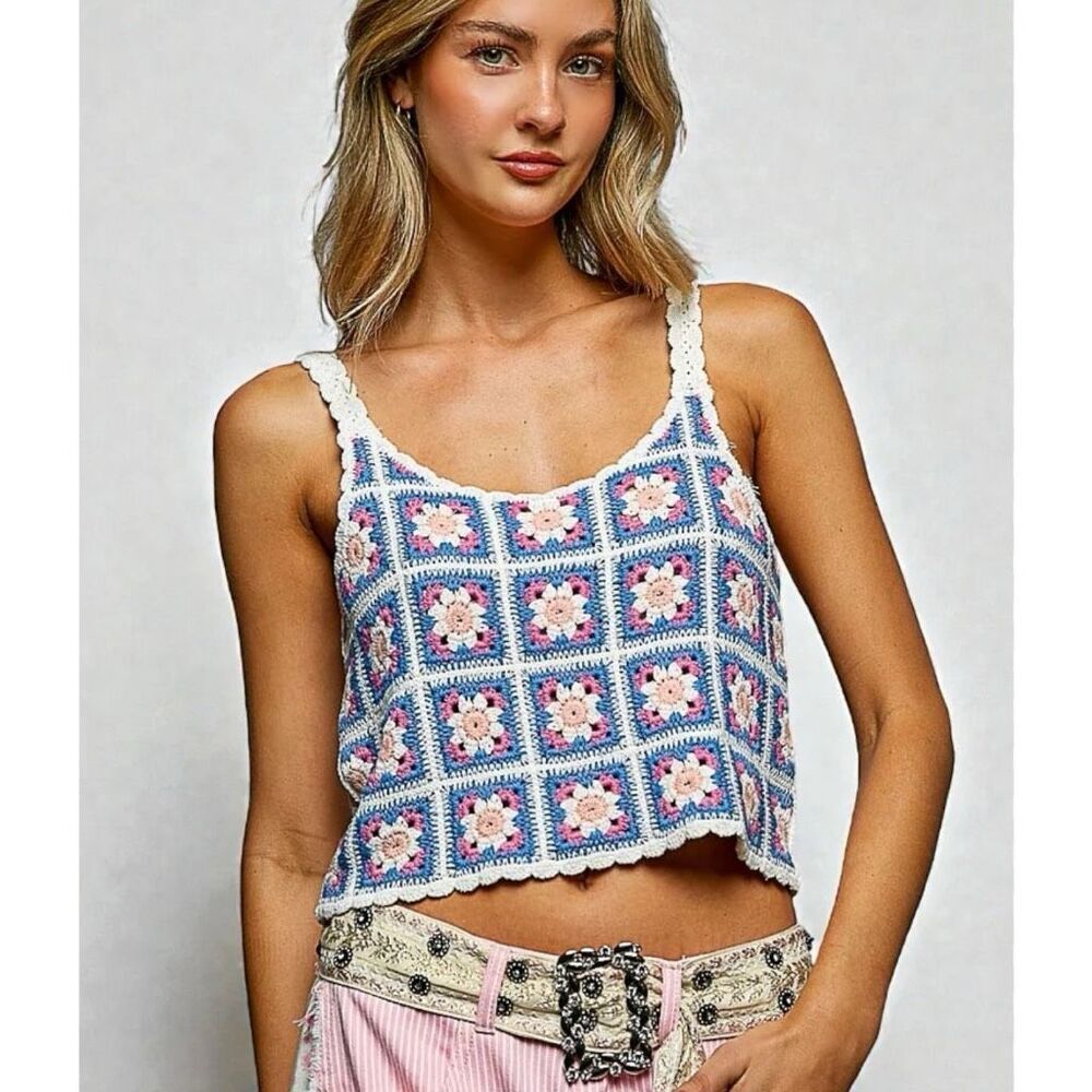 POL Blue Pink Crochet Granny Square Sleeveless Crop Top NEW